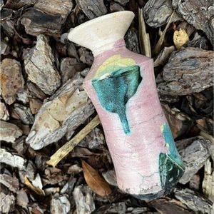 Abstract Floral Crackily Pottery Vase Handmade Pink Handcrafted Original